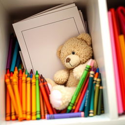 A tight closet filled with a coloring book featuring blank pages, inviting creativity, surrounded by an array of colorful crayons in various hues