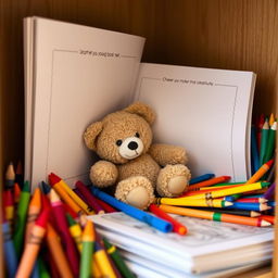 A tight closet filled with a coloring book featuring blank pages, inviting creativity, surrounded by an array of colorful crayons in various hues