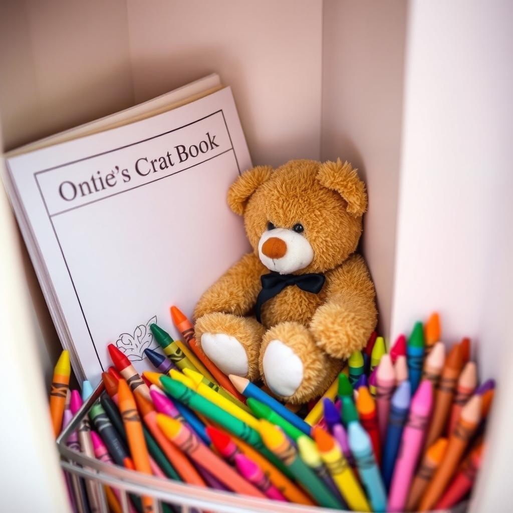 A tight closet filled with a coloring book featuring blank pages, inviting creativity, surrounded by an array of colorful crayons in various hues