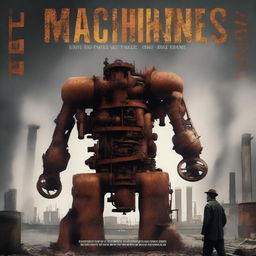 Create a dramatic movie poster set in industrial era with centerpiece being idle, rusted machinery, augmented by grim tone