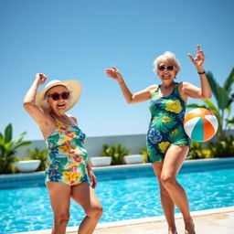 Two very tall Chinese grannies in colorful swimsuits, standing by a sunny poolside with tropical plants in the background