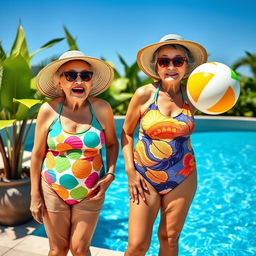 Two very tall Chinese grannies in colorful swimsuits, standing by a sunny poolside with tropical plants in the background