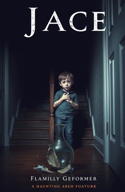 A dimly lit, tense scene for a book cover, featuring a broken vase on a hardwood floor symbolizing family fractures