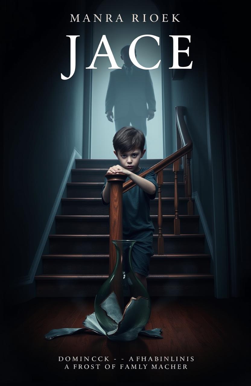 A dimly lit, tense scene for a book cover, featuring a broken vase on a hardwood floor symbolizing family fractures