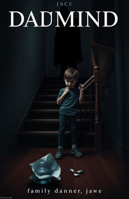 A dimly lit, tense scene for a book cover, featuring a broken vase on a hardwood floor symbolizing family fractures