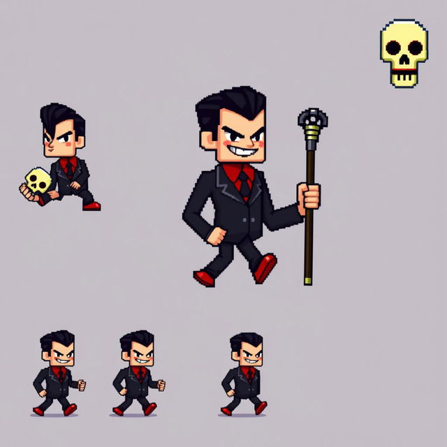 An extremely pixelated sprite sheet featuring a suave villain in a classic 16-bit style