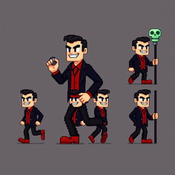 An extremely pixelated sprite sheet featuring a suave villain in a classic 16-bit style