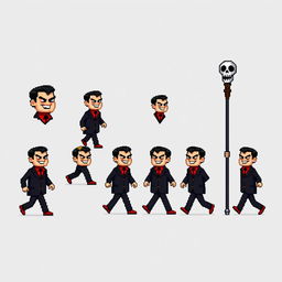 An extremely pixelated sprite sheet featuring a suave villain in a classic 16-bit style