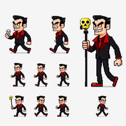 An extremely pixelated sprite sheet featuring a suave villain in a classic 16-bit style