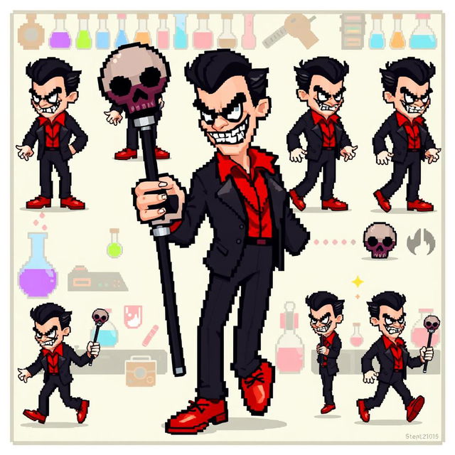 An ultra pixelated 16-bit sprite sheet featuring a charmingly sinister villain