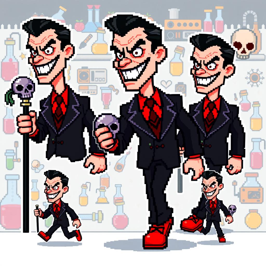 An ultra pixelated 16-bit sprite sheet featuring a charmingly sinister villain