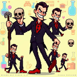 An ultra pixelated 16-bit sprite sheet featuring a charmingly sinister villain