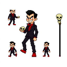 An extremely pixelated sprite sheet featuring a suave villain in a classic 16-bit style, with no background