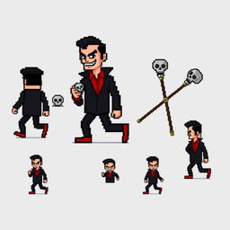 An extremely pixelated sprite sheet featuring a suave villain in a classic 16-bit style, with no background