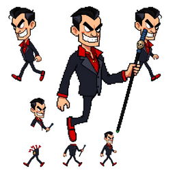 An extremely pixelated sprite sheet featuring a suave villain in a classic 16-bit style, with no background