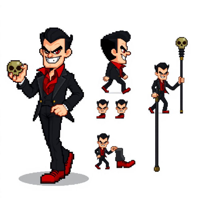 An extremely pixelated sprite sheet featuring a suave villain in a classic 16-bit style, with no background