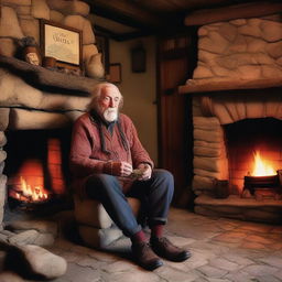 An elder storyteller, deep in storytelling, sits by a weathered stone fireplace in a cozy village tavern