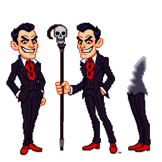 A highly pixelated 16-bit sprite art character of a suave villain with no background