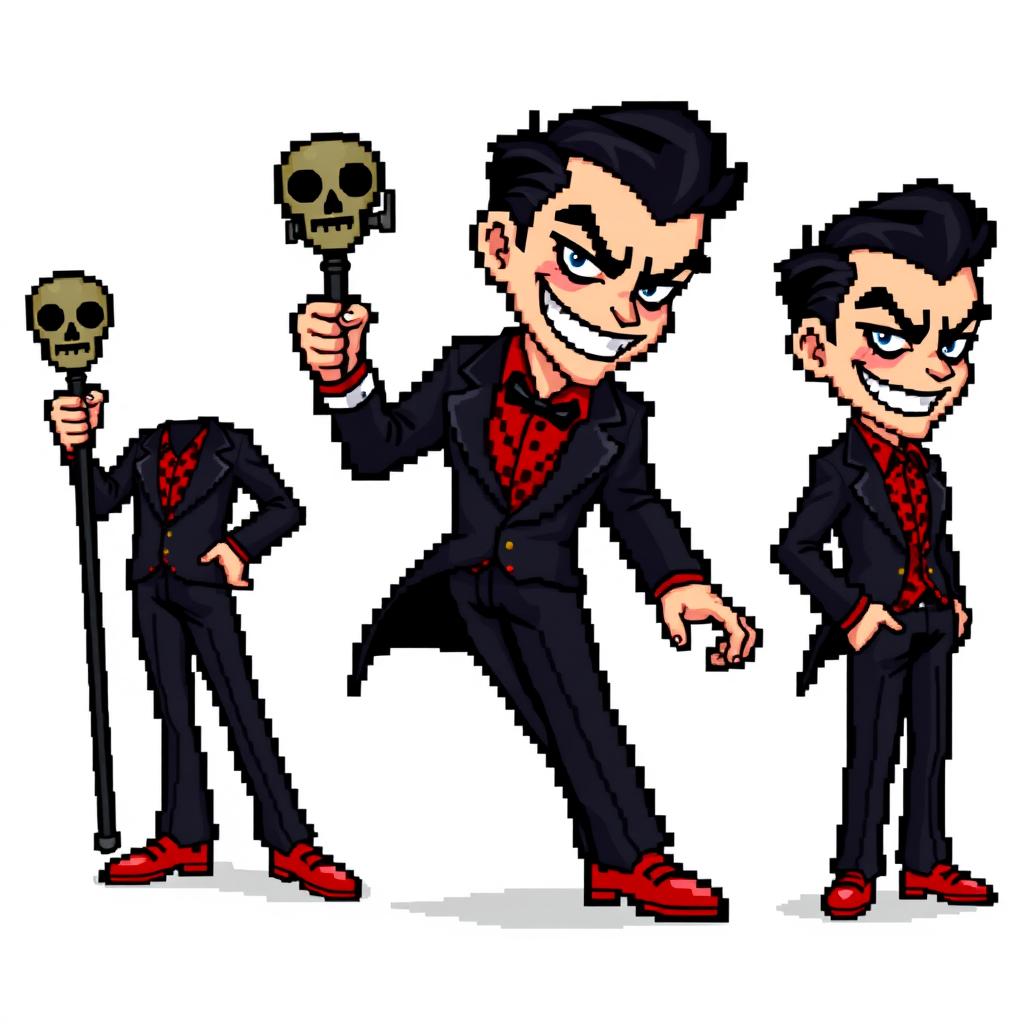 A highly pixelated 16-bit sprite art character of a suave villain with no background