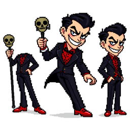 A highly pixelated 16-bit sprite art character of a suave villain with no background