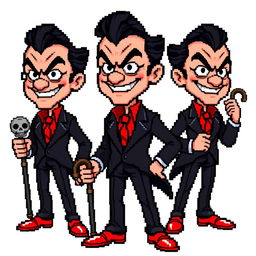 A highly pixelated 16-bit sprite art character of a suave villain with no background