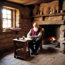 An elder storyteller, deep in storytelling, sits by a weathered stone fireplace in a cozy village tavern