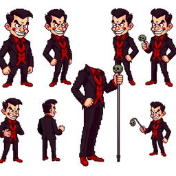 A highly pixelated 16-bit sprite art character of a suave villain with no background