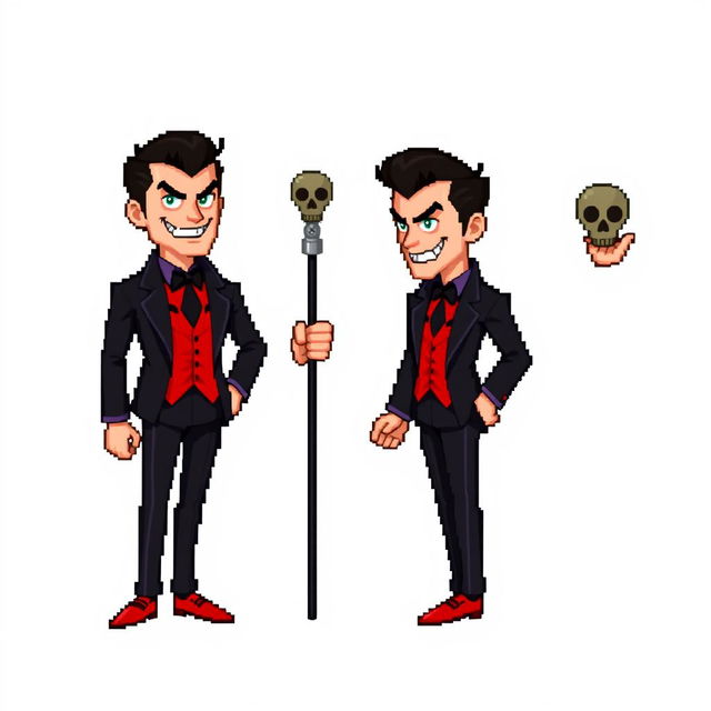 A highly pixelated 16-bit sprite art character design of a suave male villain with no background