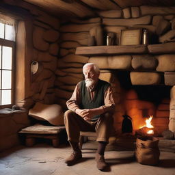 An elder storyteller, deep in storytelling, sits by a weathered stone fireplace in a cozy village tavern