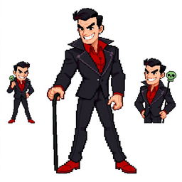 A highly pixelated 16-bit sprite art character design of a suave male villain with no background