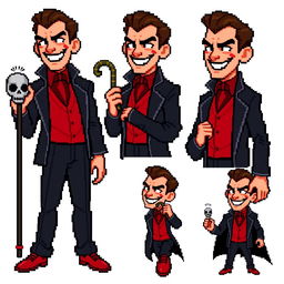 A highly pixelated 16-bit sprite art character design of a suave male villain with no background