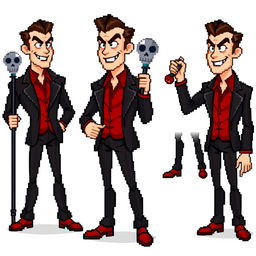 A highly pixelated 16-bit sprite art character design of a suave male villain with no background
