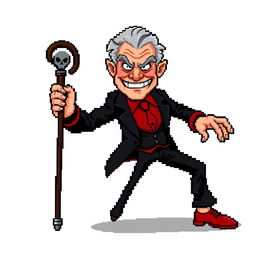A highly pixelated 16-bit sprite art character design of an older suave villain with no background