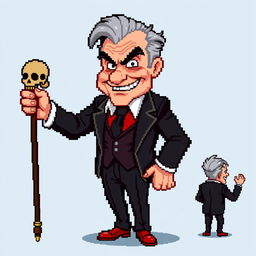 A highly pixelated 16-bit sprite art character design of an older suave villain with no background