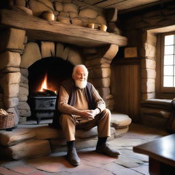 An elder storyteller, deep in storytelling, sits by a weathered stone fireplace in a cozy village tavern