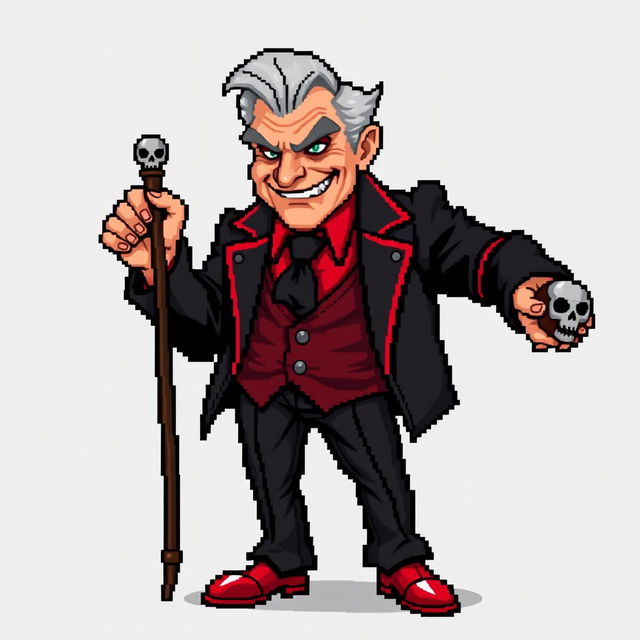 A highly pixelated 16-bit sprite art character design of an older suave villain with no background