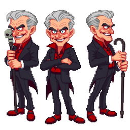 A highly pixelated 16-bit sprite art character design of an older suave villain with no background