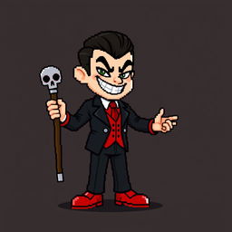 A very low-quality, highly pixelated 8-bit sprite art character design of a suave male villain with no background