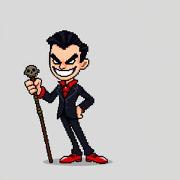 A very low-quality, highly pixelated 8-bit sprite art character design of a suave male villain with no background