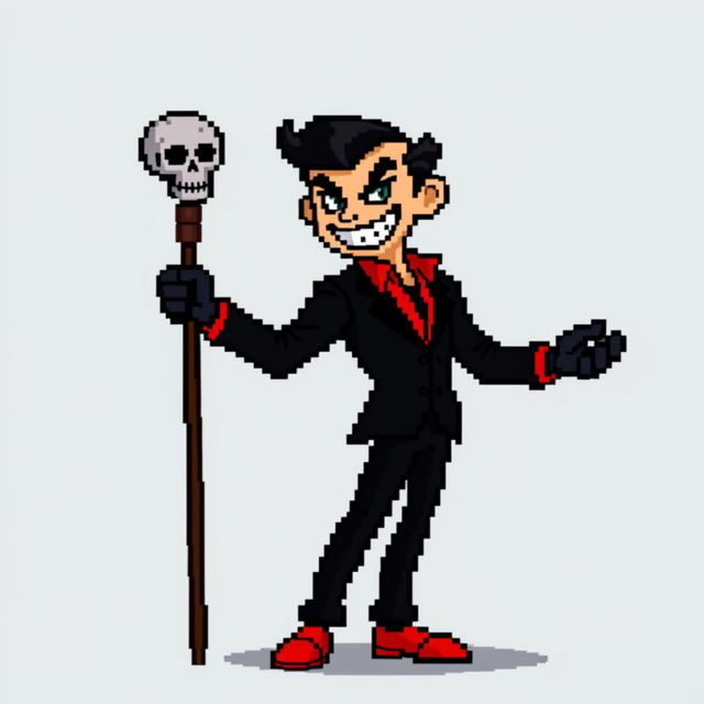 A very low-quality, highly pixelated 8-bit sprite art character design of a suave male villain with no background