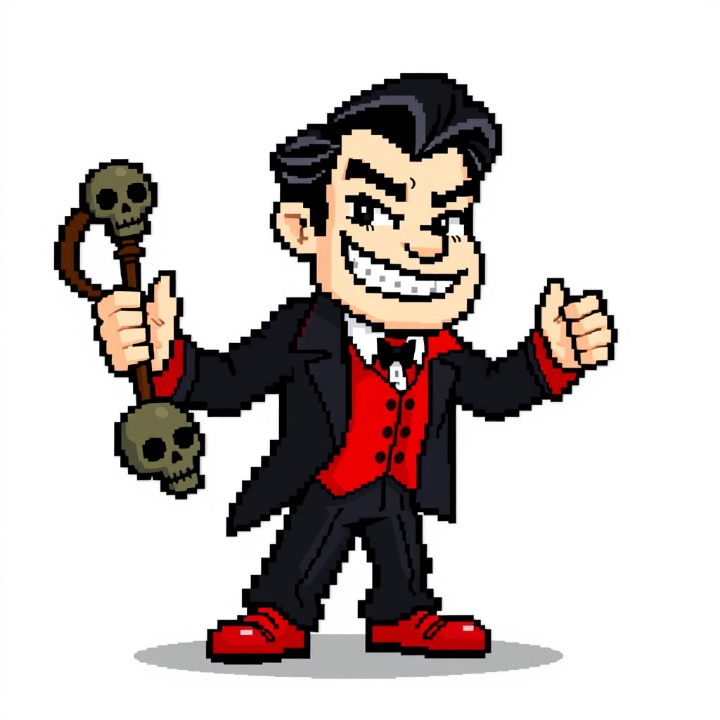 A very low-quality, highly pixelated 8-bit sprite art character design of a suave male villain with no background