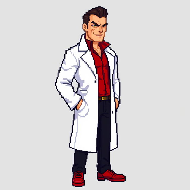 A highly pixelated 16-bit sprite art character design of a tall suave male villain in a white lab coat with no background