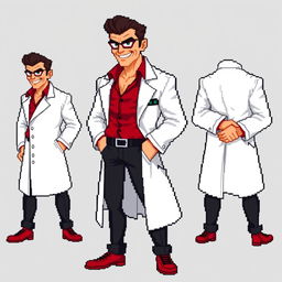 A highly pixelated 16-bit sprite art character design of a tall suave male villain in a white lab coat with no background