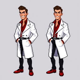 A highly pixelated 16-bit sprite art character design of a tall suave male villain in a white lab coat with no background