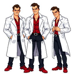 A highly pixelated 16-bit sprite art character design of a tall suave male villain in a white lab coat with no background