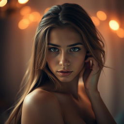 A sensuous scene depicting a young adult female, displaying a captivating and alluring expression, showcasing her long flowing hair and well-defined features, emphasized by soft lighting
