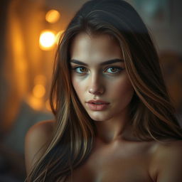 A sensuous scene depicting a young adult female, displaying a captivating and alluring expression, showcasing her long flowing hair and well-defined features, emphasized by soft lighting