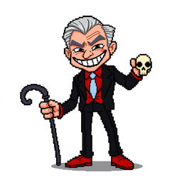 A very low-resolution, highly pixelated 8-bit sprite art character design of an older suave villain without any background