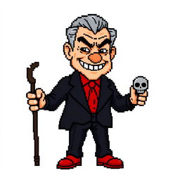A very low-resolution, highly pixelated 8-bit sprite art character design of an older suave villain without any background