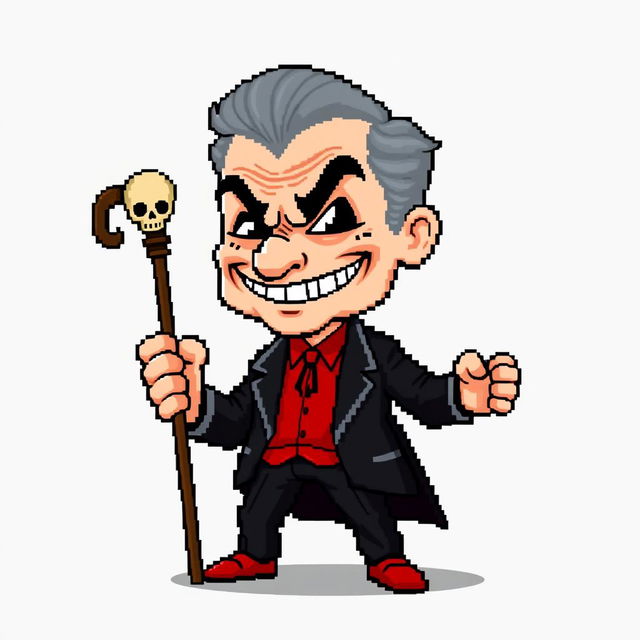 A very low-resolution, highly pixelated 8-bit sprite art character design of an older suave villain without any background